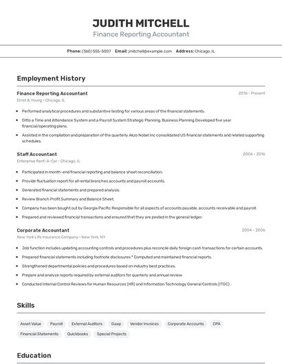 Finance Reporting Accountant Resume