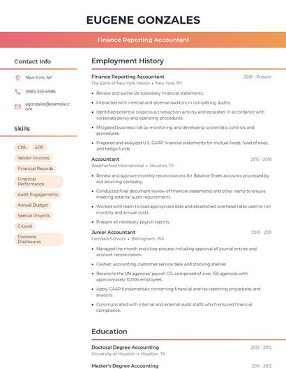 Finance Reporting Accountant Resume