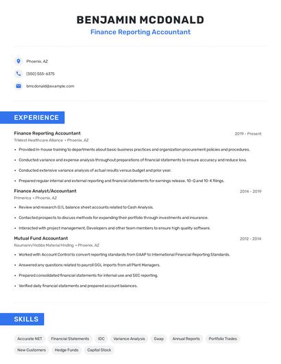 Finance Reporting Accountant Resume