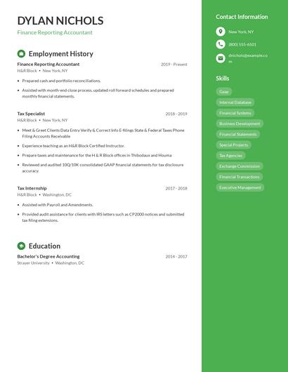 Finance Reporting Accountant Resume