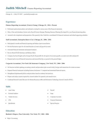 Finance Reporting Accountant Resume