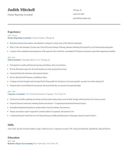 Finance Reporting Accountant Resume