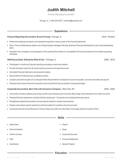Finance Reporting Accountant Resume