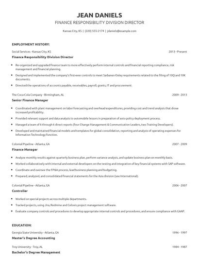 Finance Responsibility Division Director Resume