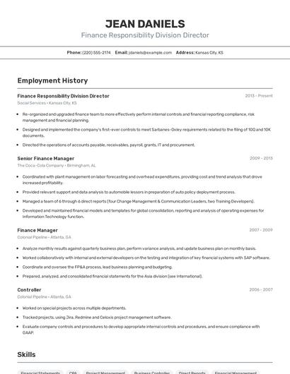 Finance Responsibility Division Director Resume
