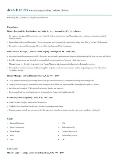 Finance Responsibility Division Director Resume