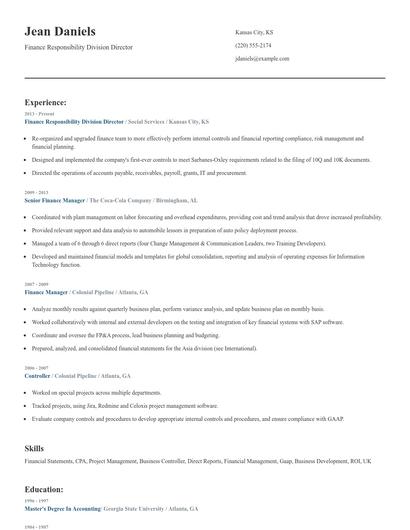 Finance Responsibility Division Director Resume
