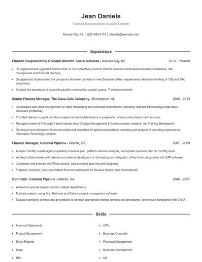 Finance Responsibility Division Director Resume