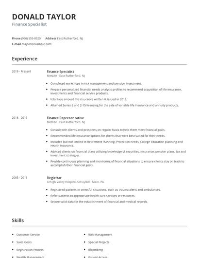 Finance Specialist Resume