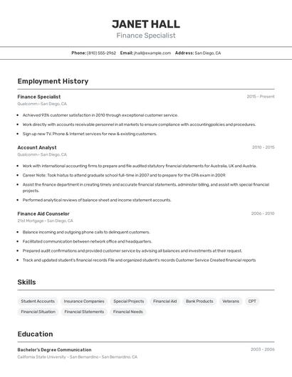 Finance Specialist Resume