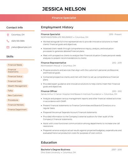 Finance Specialist Resume
