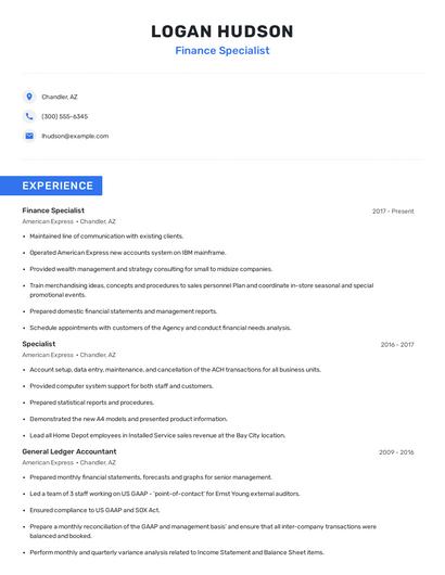 Finance Specialist Resume