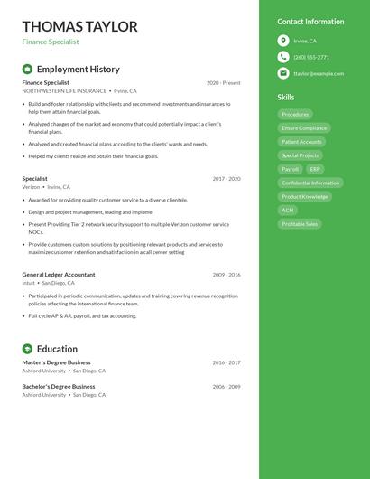 Finance Specialist Resume