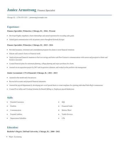 Finance Specialist Resume