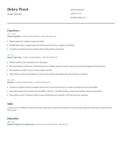 Finance Specialist Resume
