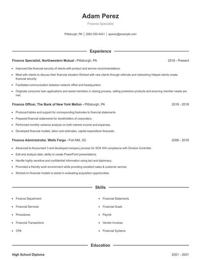 Finance Specialist Resume