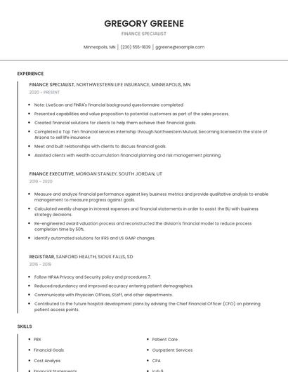 Finance Specialist Resume
