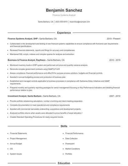Finance Systems Analyst Resume