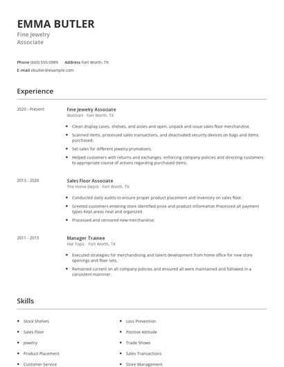 Fine Jewelry Associate Resume