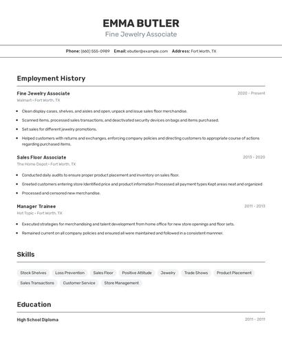 Fine Jewelry Associate Resume
