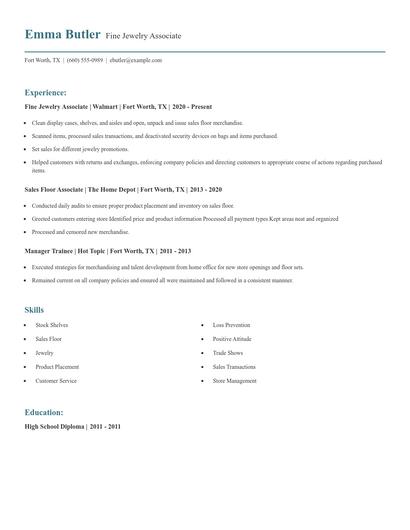 Fine Jewelry Associate Resume