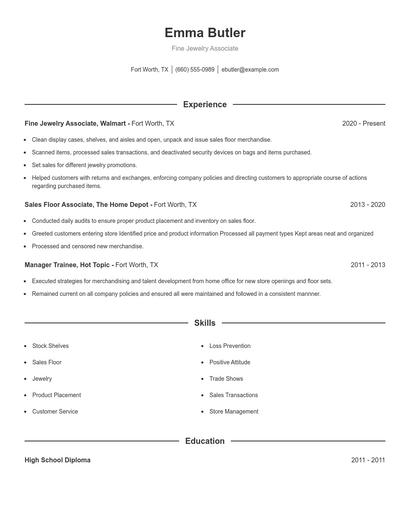 Fine Jewelry Associate Resume