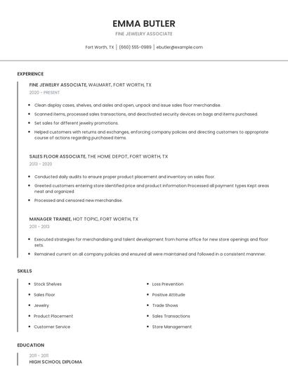 Fine Jewelry Associate Resume