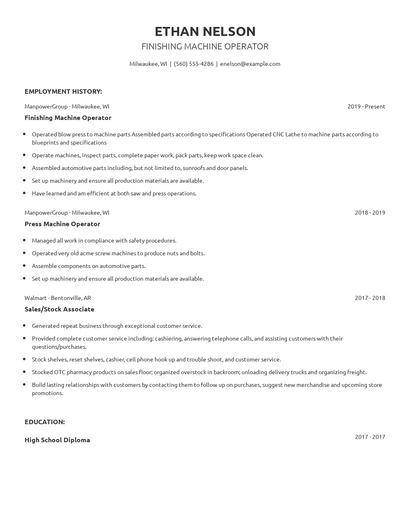 Finishing Machine Operator Resume