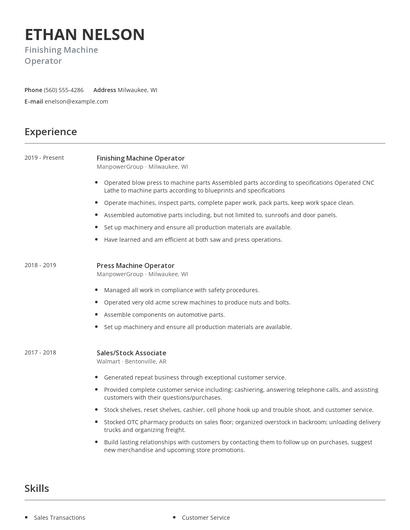 Finishing Machine Operator Resume