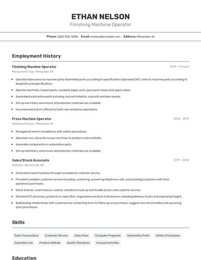 Finishing Machine Operator Resume