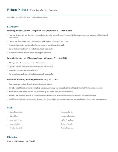 Finishing Machine Operator Resume