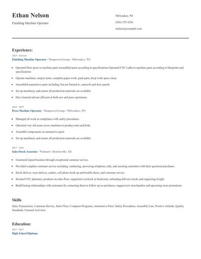 Finishing Machine Operator Resume