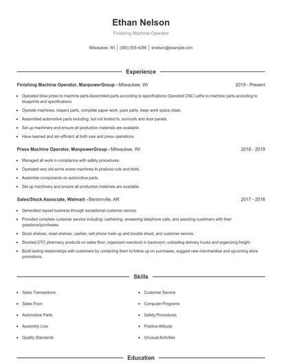 Finishing Machine Operator Resume