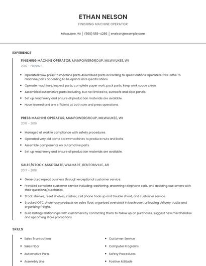 Finishing Machine Operator Resume