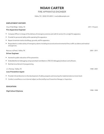 Fire Apparatus Engineer Resume