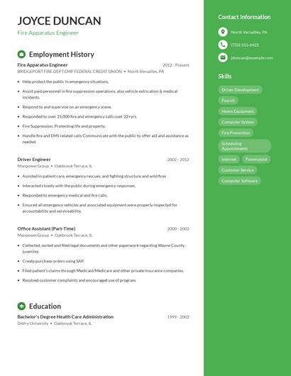 Fire Apparatus Engineer Resume