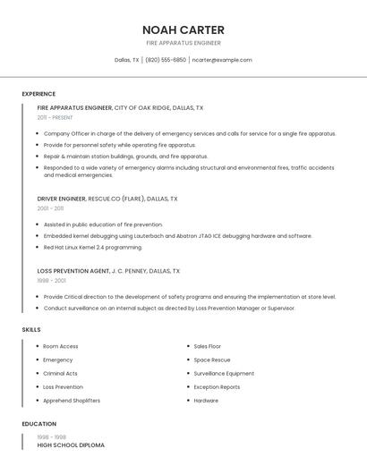 Fire Apparatus Engineer Resume