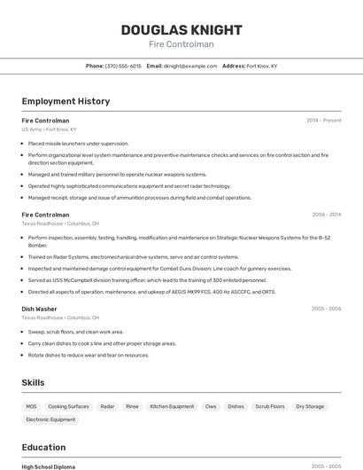 Fire Controlman Resume