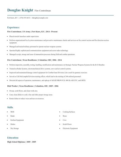 Fire Controlman Resume