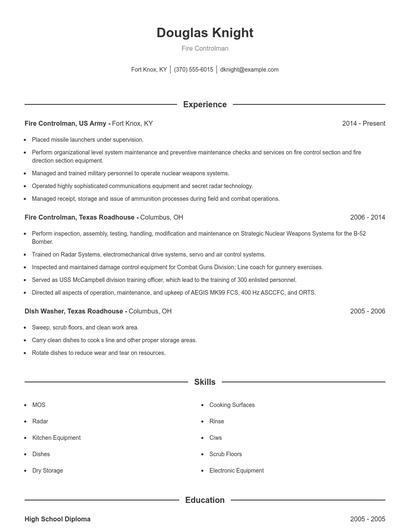 Fire Controlman Resume