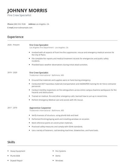 Fire Crew Specialist Resume