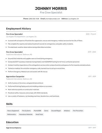 Fire Crew Specialist Resume
