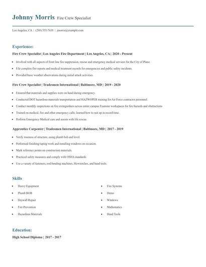 Fire Crew Specialist Resume