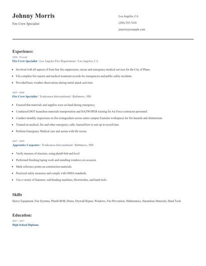 Fire Crew Specialist Resume