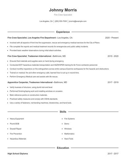 Fire Crew Specialist Resume