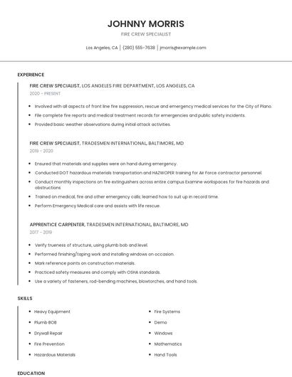 Fire Crew Specialist Resume