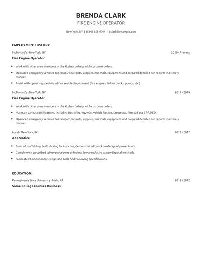 Fire Engine Operator Resume