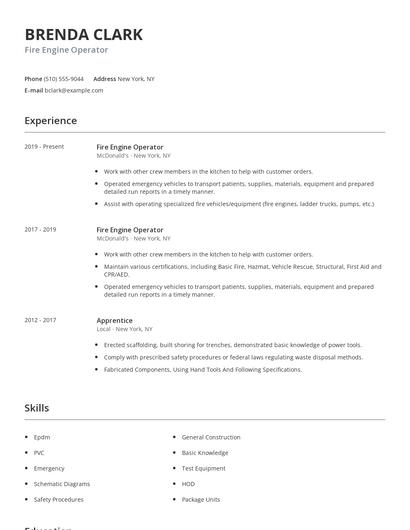 Fire Engine Operator Resume