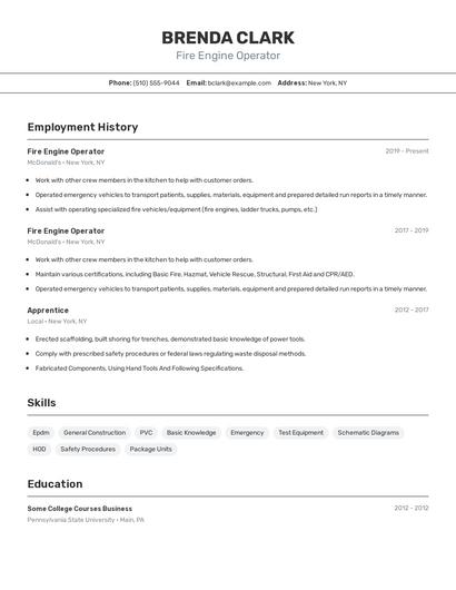Fire Engine Operator Resume
