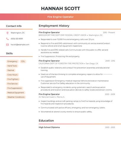 Fire Engine Operator Resume